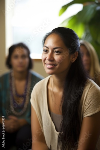 youthful Pacific Islander woman stands in group therapy room in community mental health center. She uses gestalt therapy and psychoeducational techniques to create supportive environment for