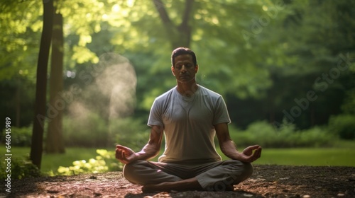 middleaged Indian man practicing yoga in luscious greens of peaceful park suddenly struck by panic attack. heart hammers against ribs, chilling sweat breaks outa biological response to overstimulated
