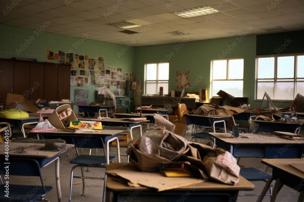 high school teacher of Hispanic descent lingers in empty classroom after long day at school. Various objects tered across room induce vivid recollection, poignant remembrance of prior students