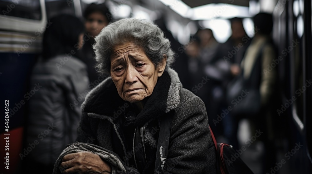 Latina woman of mature years sits in crowded bus station, eyes b with unshed tears. She lost in own world of unspeakable psychological trauma, hypervigilance indicated by frantic scanning of