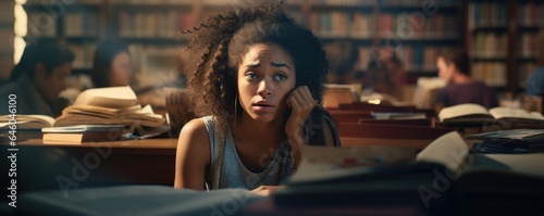 young African American woman, sporting casual tank top and styleconducive yoga pants, finds herself amidst bustling college library. Huddled over table laden with tomes that appear intricate