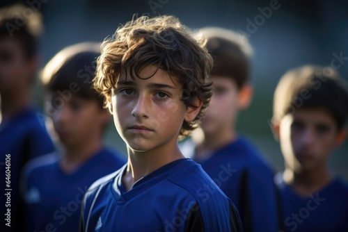 young Mediterranean boy lingers at back of age group in soccer training session. Even while clad in vibrant jersey that marks him one of team, slight slump of shoulders and downcast eyes tell