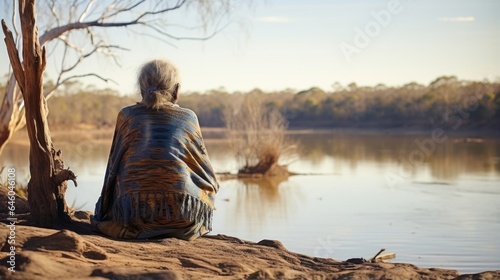 elderly Aboriginal woman sits by serene river in heart of outback. peaceful sounds of nature around make delve deep into recollections, rediscovering indigenous traditions passed down to her.