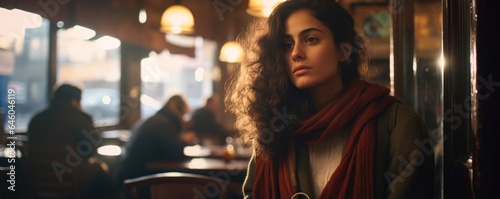 young Middle Eastern woman sits introspectively in bustling cafe, media around sparking vivid remembrance of former events. This thoughtful reprocessing of past moments elucidates tenets of