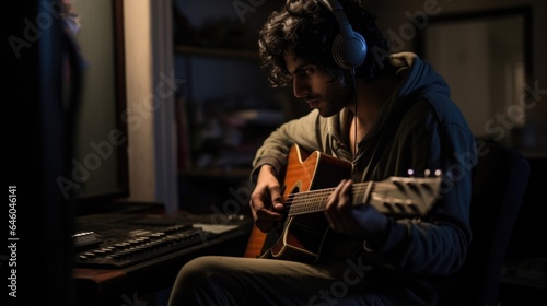 young adult male, of Middle Eastern descent, isolates himself in dimly lit music studio, engrossed in guitar tunes. preferred solitude and withdrawal behavior manifest dealings with triggered
