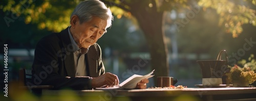 Amidst bustling metropolis, elderly East Asian gentleman wearing traditional attire, sits calmly in public park penning down thoughts in journal, theutic coping mechanism, chronicling journey