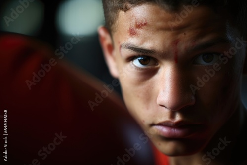At boxing training center, resilient Latino teenager relentlessly punching bag, using physical exertion means to cope with underlying psychological trauma. determined eyes reflect battle against