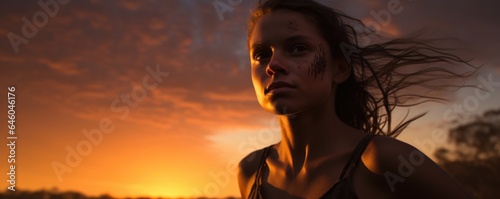 Australian Aborigine teenager spends evenings painting outbacks spectacular sunsets. She bears on body repercussions of kangaroo attack. preoccupation with incident and recent avoidance behavior