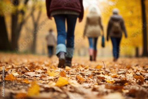 older Caucasian woman  walks with group therapy members in serene woodland park  feet crunching lightly on autumn leaves. Their collective camaraderie and mutual understanding  foster safe