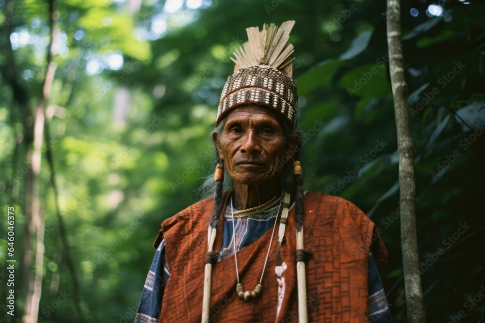 Indigenous elder in traditional garb stands solemnly in onceverdant forest now laid by industrial encroachment. silent stand, apostasy against devastation inflicted unequally upon people, echoes