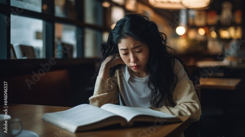 Inside bustling coffee shop, middleaged Asian woman constantly fidgets in seat. While attempting to read book, she finds it challenge to commit focus to words, example of impaired concentration
