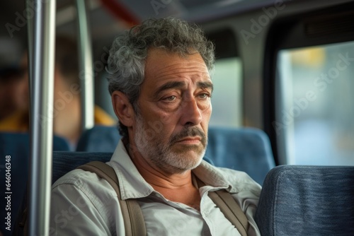 specific, but riding public transport, mature Hispanic man exhibits impatience. Unable to sit still, he frequently changes seats demonstrating clear sign of motor restlessness, condition often © Justlight