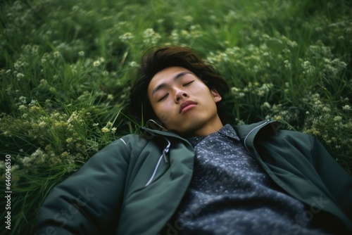 Asian teenager reclines on mossy hill, drowning in swift current of regret over countless missed opportunities. angst visibly traced on youthful face, epitomizes regret theory, exacerbating
