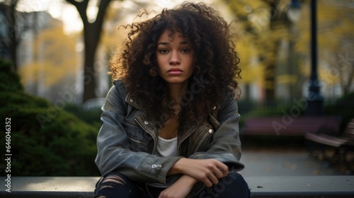 mixedraced young woman perched on stone bench in heart of bustling metropolitan park. She ponders upon past with selfblame and anguish textbook hallmarks of regret. persona, echoing intersectionality