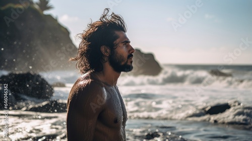 stoopedaged man of Latinx origin stands on sandy shore  watching waves crash against rocks. regret  born out of choices made in youth  envelopes him like mantle. man  embodying concept of affective