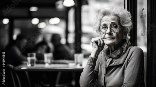 European elderly woman of significant age, sitting alone in caf , lips halfcurled around unfinished sentence. She encapsulated in air of regret, very being echoing decades of residual emotion.