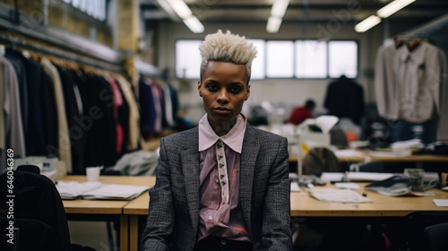 Inside fashionforward workplace, nonbinary person ruptures monotony with statement outfit unconventional and disruptive. Their expressive sartorial choices act of rebellion against norms of photo