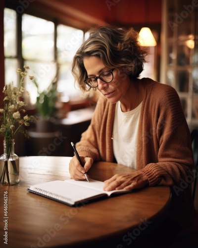 In cozy coffee house in quaint European town, mature Caucasian woman attempting to write novel. Shes recently divorced and uses writing form of expressive therapy, traning anguish into creativity. photo