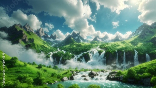 Enchanting 4K Mountain Landscape: Majestic Mountains, Lush Greenery, Cascading Waters, and 3D Marvel