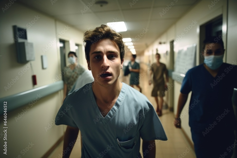 Seized by panic, young Caucasian man paces dimly lit corridor of hospital. reality of newborns health crisis dawns on him, he displays symptoms of ae stress reaction, psychological response Seized by panic, young Caucasian man paces dimly lit corridor of hospital. reality of newborns health crisis dawns on him, he displays symptoms of ae stress reaction, psychological response