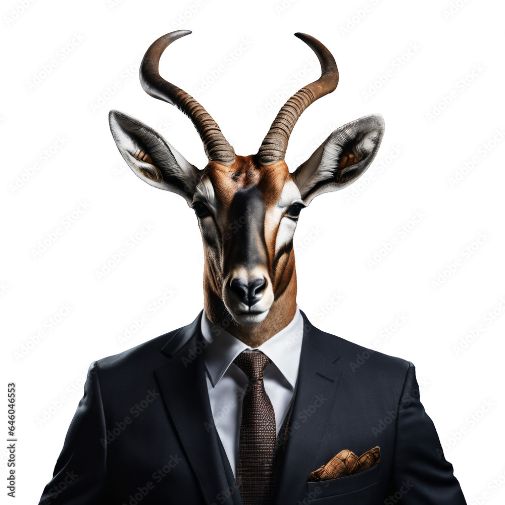 Portrait of Humanoid Anthropomorphic Antelope Wearing Businessman Suit Isolated Transparent - obrazy, fototapety, plakaty 