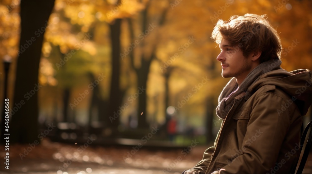 adult European man whos been living away from home, settles down in bustling metropolitan park during autumn. falling leaves and cool breeze spark homesickness and nostalgia, eliciting profound