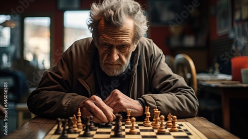 Amid small town, elderly man of noticeable Slavic features stares blankly at chessboard. cognitive exhaustion mirrors model of cognitive load theory combined with ravages of time.