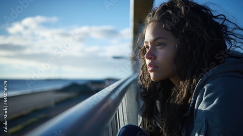 teenage Australian aboriginal girl leans on railing by harbour, drifting off into azure expanse. She tightly clutches acceptance letter from foreign university, torn between excitement and