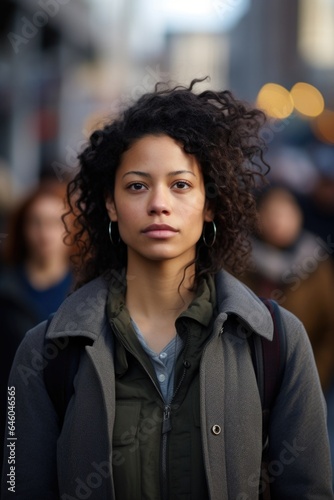 biracial woman in prime adulthood, standing at crossroads of wellestablished career or motherhood. Set against backdrop of metropolitan city, anxious gaze and pensive demeanor reflect psychological