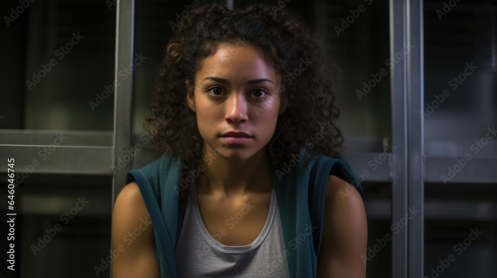 young multicultural woman inside gym locker room anxiously wraps and rewraps hand wraps, body visibly tense, and certain distance maintained from other gymgoers. With symptoms of avoidance