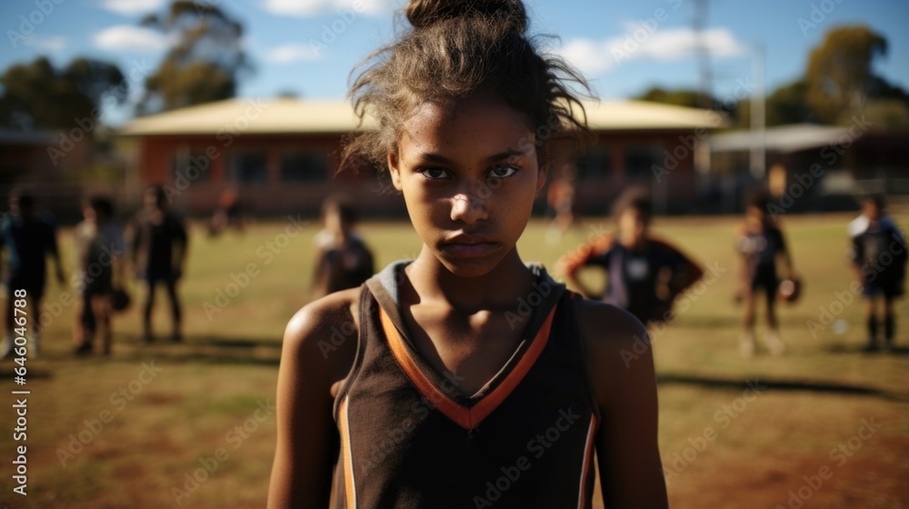 Obraz premium Australian Aboriginal girl, riding cusp of adolescence, stands on edge of schools football field. Shes hit by anticipatory flashback effect of Dialectical Behavior Therapy connecting to ancestral