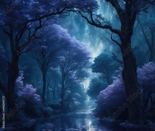 Within a breathtaking fantasy landscape, majestic crystalline trees reach towards the heavens, their iridescent leaves shimmering like precious gems - AI Generative
