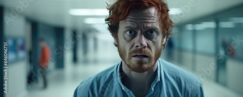 redheaded European man in hospital waits in antisepticsmelling corridor before impending   eyes clouded with stress  signifying typical case of Latrophobia or fear of doctors. compulsive foot