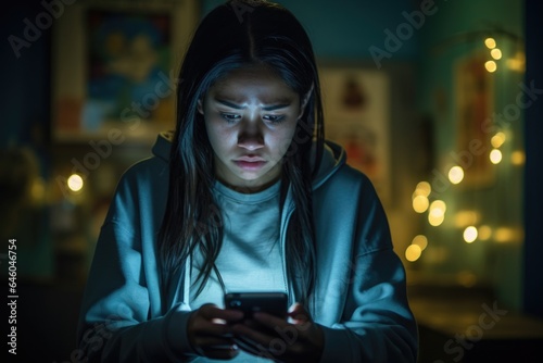 adolescent Latino girl seen in high school, situated in suburban neighborhood, she constantly checks social media interactions. obsession about online presence and fear of negative evaluation photo