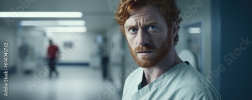 redheaded European man in hospital waits in antisepticsmelling corridor before impending , eyes clouded with stress, signifying typical case of Latrophobia or fear of doctors. compulsive foot