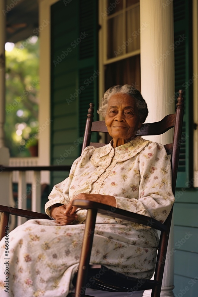 elderly African American woman, sitting on rocking chair on quiet porch ...