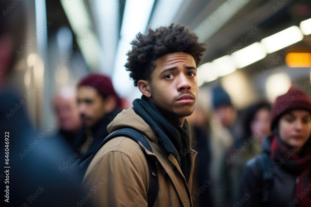 Fototapeta premium young, fairskinned male leans on busy metro station, lost in thoughts ast bustling crowd. He embodies term psychomotor retardation, moving sluggishly, and displaying minimal emotions, clear