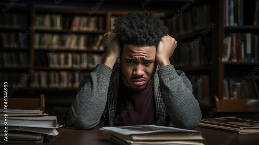 young adult African American male in quiet library struggles to concentrate on book in hands. restlessness and indecisiveness latent indicators of cognitive symptoms of depression. - obrazy, fototapety, plakaty 