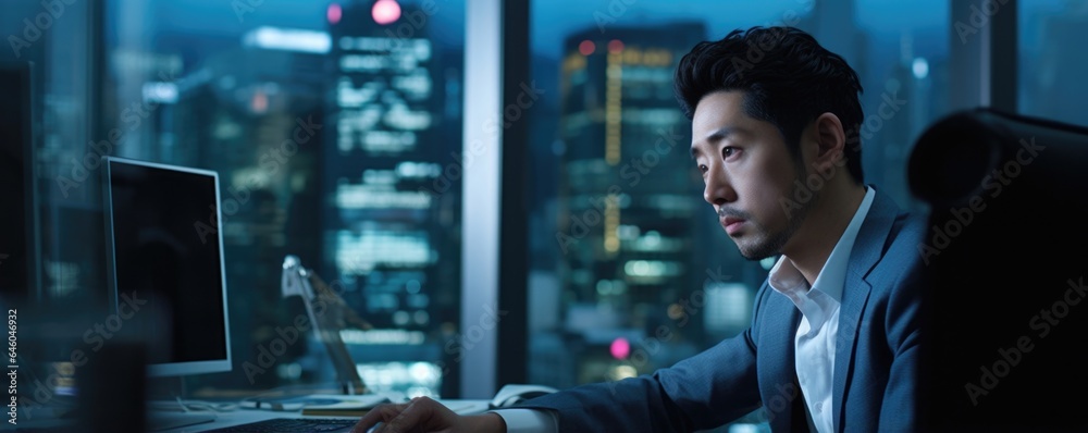 Fototapeta premium middleaged Asian male sits in corporate office in downtown , tall glass building overlooks busy street. eyes hover over monitor, where images of online gambling sites flicker. This portrays