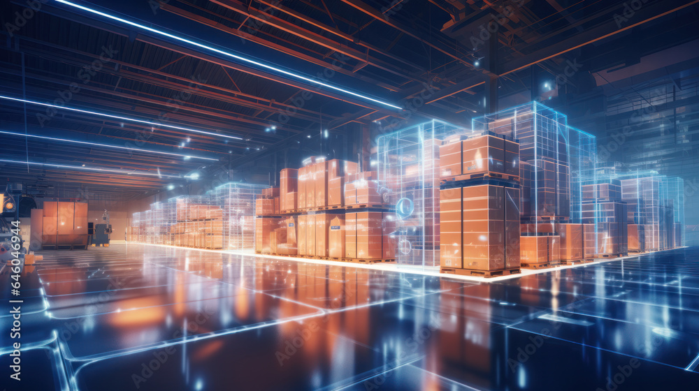 Obraz premium Futuristic Augmented Reality Warehouse - Transforming Smart Logistics, E-commerce, and Delivery in Modern Industry, Drawing Parallels to Life's Obstacles, Solutions.
