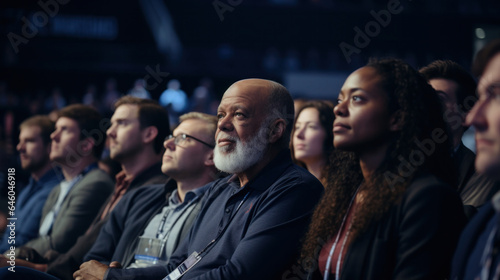 Enthralled Conference Audience: Diverse Attendees Raptly Engaged with Captivating Speaker on the Event Stage, Combining Education and Entertainment.