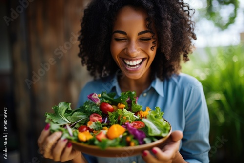 Smiling girl holding dish with vegetable salad