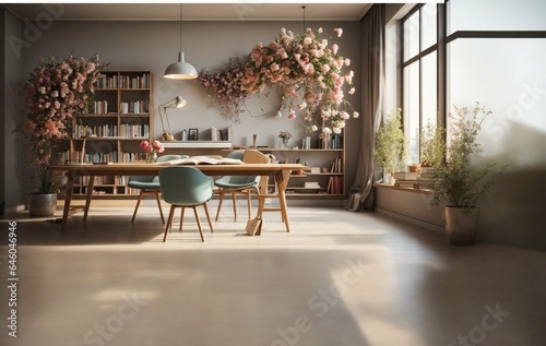 A modern reading room interior with flowers, a table, chair, lamp, and plants, Generative AI