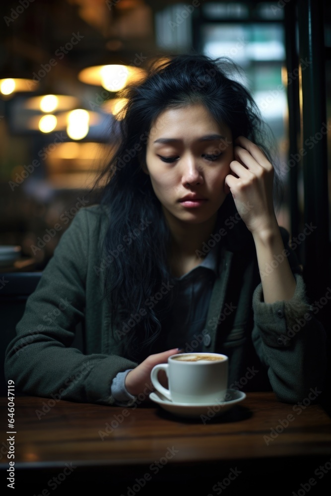 East Asian woman in early adulthood, sits alone in bustling caf , cup of coffee untouched. pulse races, nausea creeps up and surroundings spin. Shes under curse of palpitations and dizziness East Asian woman in early adulthood, sits alone in bustling caf , cup of coffee untouched. pulse races, nausea creeps up and surroundings spin. Shes under curse of palpitations and dizziness