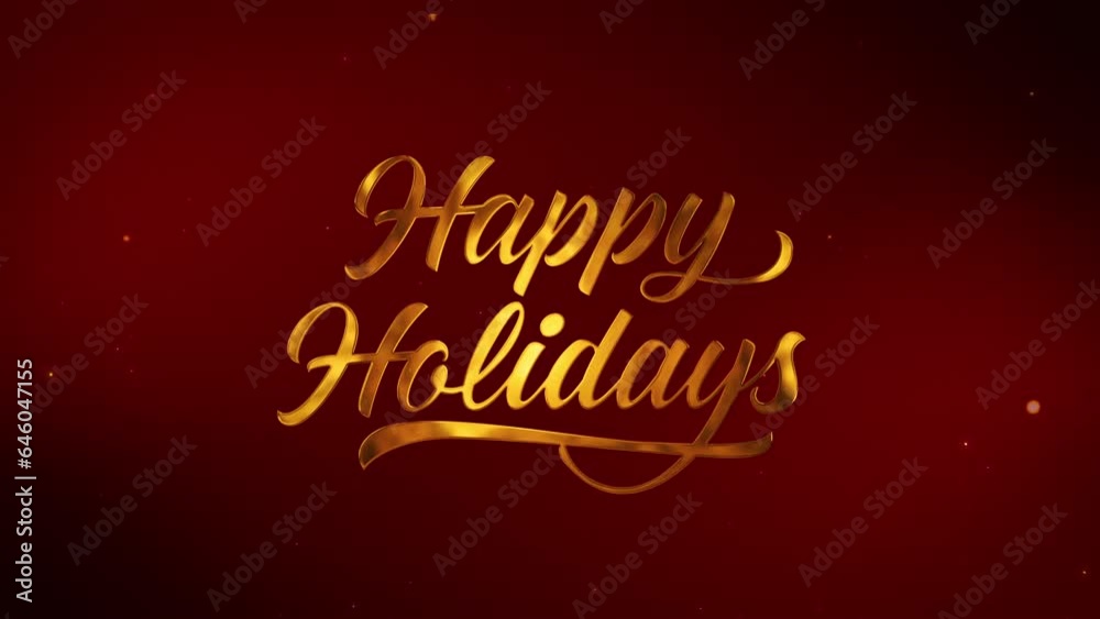 Happy holidays greetings whit golden text on red background.particles and glittering stars.Holidays concept.animated holiday season social post digital card.