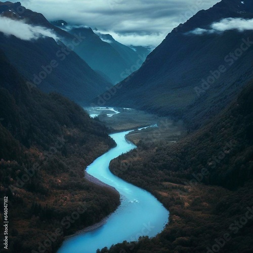 a river cuts through a mountain valley