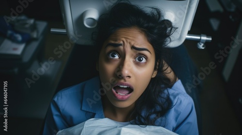 teenager of Indian ethnicity seen in dentists office. body taut and she grips sides of dentists chair tightly. distressed persona and anxious eyes highlight essence of dentophobia common specific