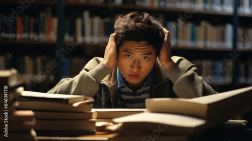 East Asian teenager spotted in library, engrossed in book detailing ss, though expression bears signs of intense anxiety. depiction ilrates effects of ophidiophobia, common specific phobia photo