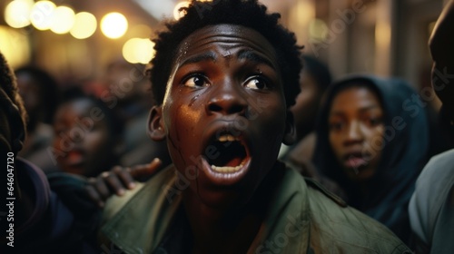 teenager of African descent finds himself in crowded marketplace. overwhelming sights, sounds, and smells cause him to sweat profusely while heart races uncontrollably. This reaction classic