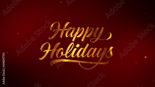 Happy holidays greetings whit golden text on red background.particles and glittering stars.Holidays concept.animated holiday season social post digital card.